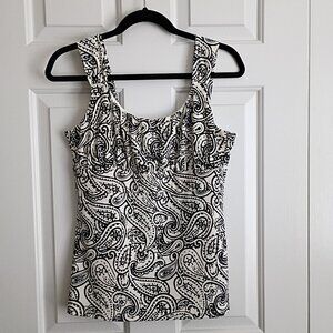 ANN TAYLOR Ruched Tank Top Paisley Black & White Size L NWT